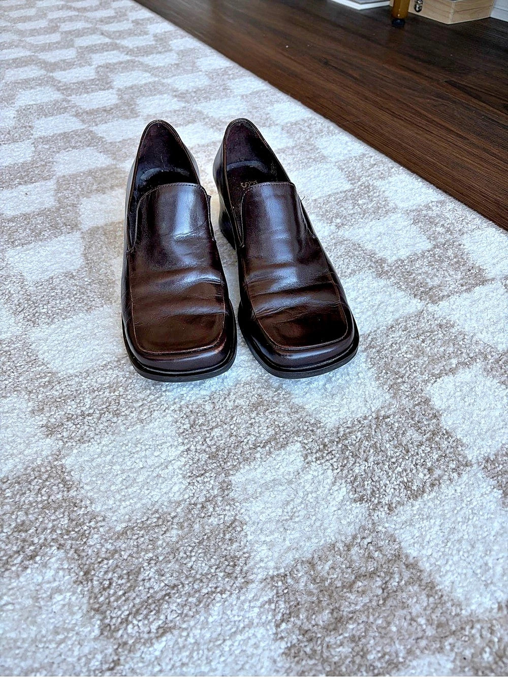 Franco Sarto Brown Leather squared toe Block Heel Loafers Size 9M